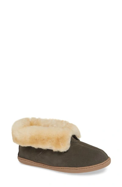 Shop Minnetonka Sheepskin Slipper Bootie In Grey Suede