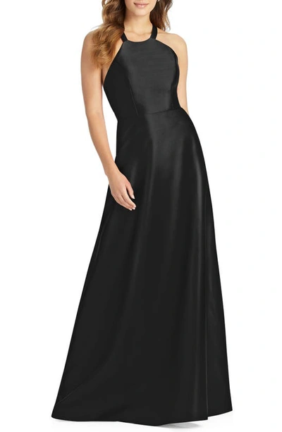 Shop Alfred Sung Lace-up Back Satin Twill A-line Gown In Black