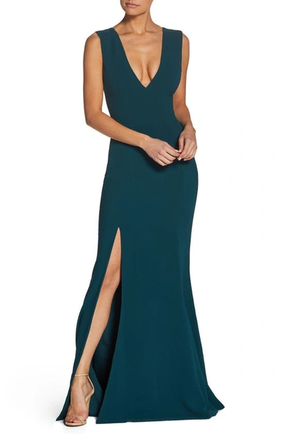 Dress The Population Sandra Plunging V-neck Sleeveless Crepe Gown In Pine