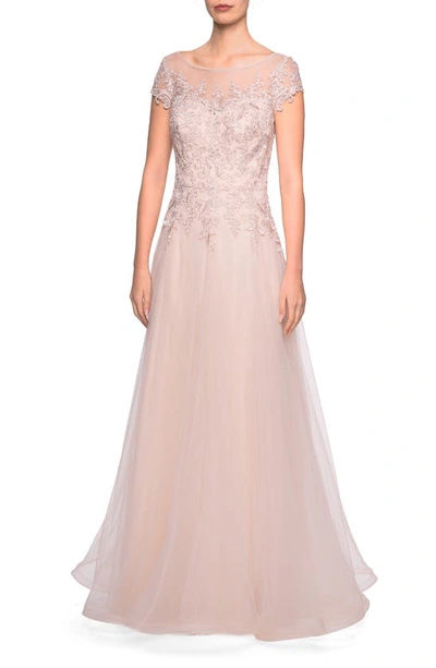 Shop La Femme Tulle A-line Evening Gown In Light Blush