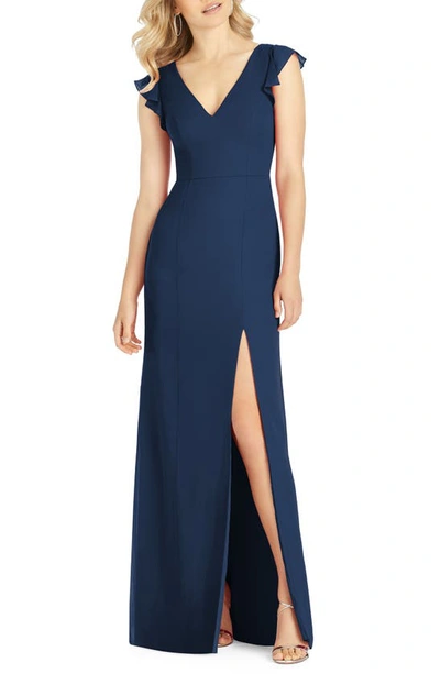 Shop After Six V-neck Ruffle Sleeve Column Gown In Midnight