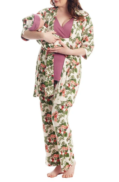 Shop Everly Grey Analise During & After 5-piece Maternity/nursing Sleep Set In Beige Floral