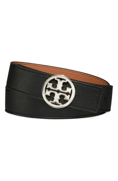 Shop Tory Burch Reversible Logo Belt In Black/ Cuoio/ Silver