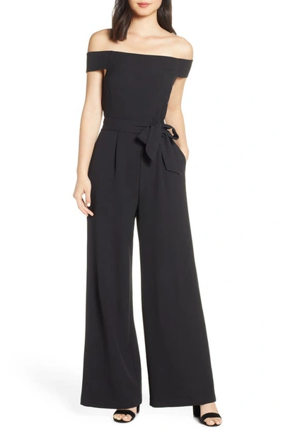 Shop Eliza J Off The Shoulder Wide Leg Crepe Jumpsuit In Black