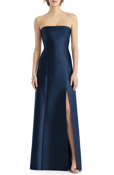 Shop Alfred Sung Strapless Satin A-line Gown In Midnight