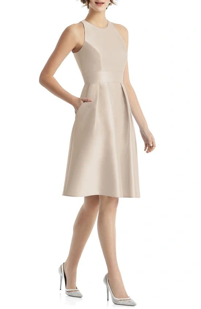 Shop Alfred Sung Jewel Neck Satin Cocktail Dress In Cameo