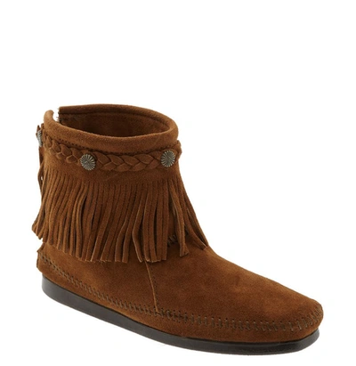 Shop Minnetonka Fringed Moccasin Bootie In Brown