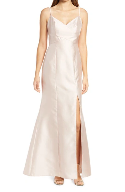 Shop Alfred Sung Surplice Neck Satin Twill Trumpet Gown In Cameo