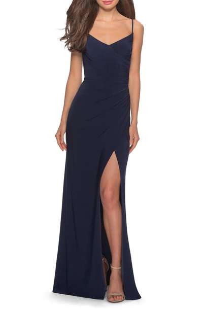 Shop La Femme Ruched Jersey Trumpet Gown In Navy