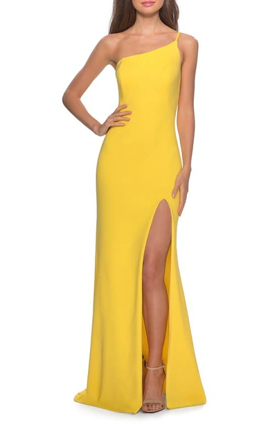 Shop La Femme One-shoulder Jersey Gown In Yellow