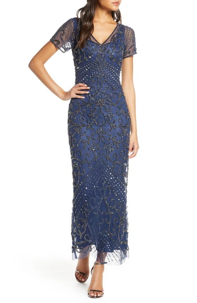 Shop Pisarro Nights Beaded Mesh Column Gown In Denim