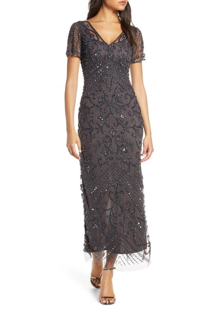 Shop Pisarro Nights Beaded Mesh Column Gown In Slate