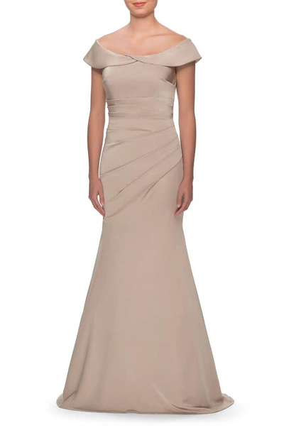 Shop La Femme Off The Shoulder Pleated Satin Mermaid Gown In Champagne