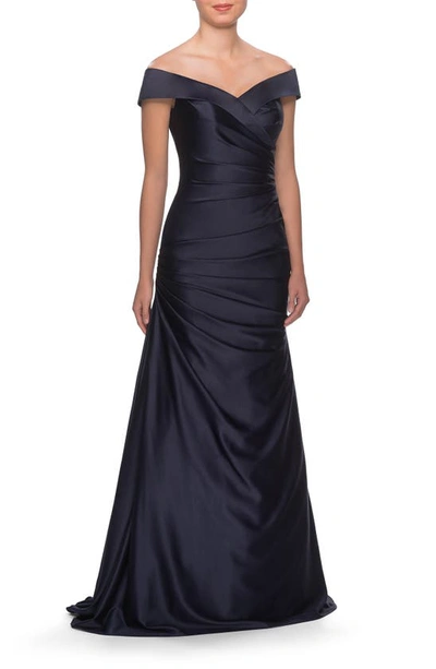 Shop La Femme Off The Shoulder Ruched Satin Trumpet Gown In Navy