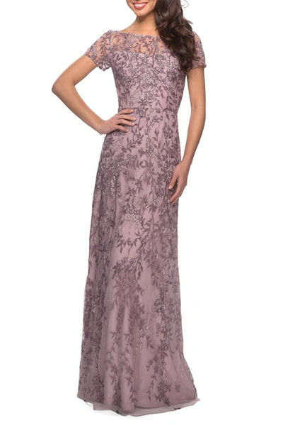 Shop La Femme Lace Column Gown In Dusty Lilac