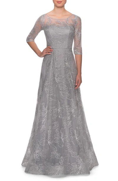 Shop La Femme Sequin Embroidered A-line Gown In Silver