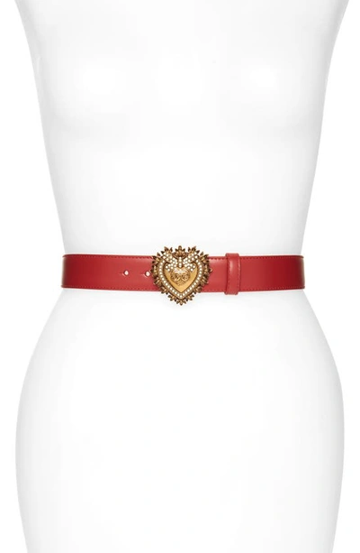 Shop Dolce & Gabbana Devotion Logo Heart Buckle Leather Belt In Rosso