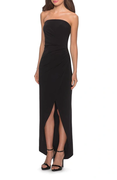 Shop La Femme Strapless Ruched Soft Jersey Gown In Black