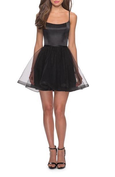 Shop La Femme Satin & Tulle Fit & Flare Dress In Black