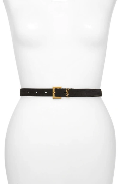 Shop Saint Laurent Ysl Logo Skinny Suede Belt In Black