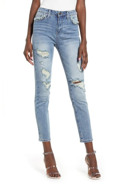 Shop English Factory High Waist Ripped Ankle Skinny Jeans In Denim