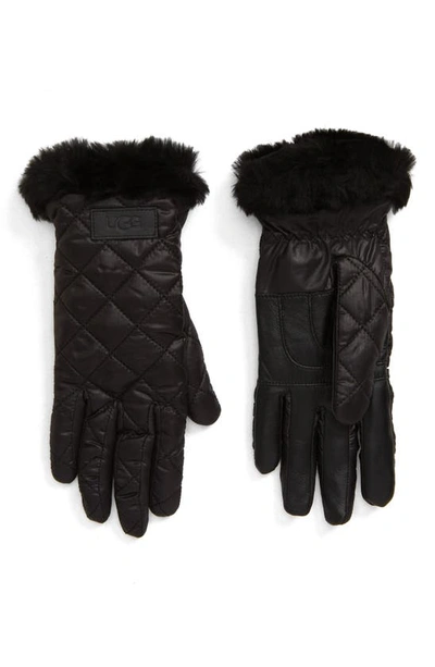 Shop Ugg All Weather Touchscreen Compatible Quilted Gloves With Genuine Shearilng Trim In Black