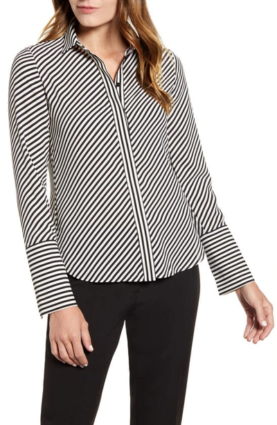 Shop Anne Klein Stripe Extended Cuff Blouse In Anne Blk/ Anne White Combo