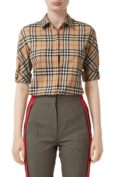 Shop Burberry Luka Vintage Check Stretch Cotton Twill Shirt In Archive Beige Ip Chk