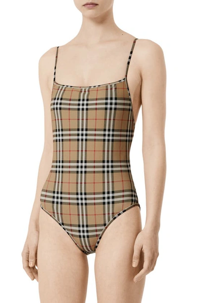 Shop Burberry Check One-piece Swimsuit In Archive Beige Ip Chk