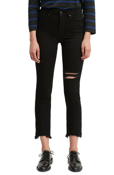 Shop Levi's Ripped High Rise Straight Leg Crop Raw Hem Jeans In Black Pixel