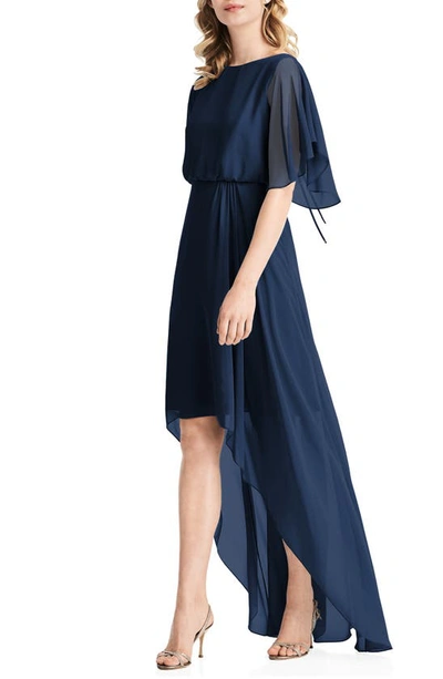 Shop Jenny Packham Flutter Sleeve High/low Chiffon Gown In Midnight