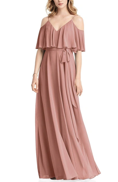 Shop Jenny Packham Cold Shoulder Chiffon Gown In Desert Rose