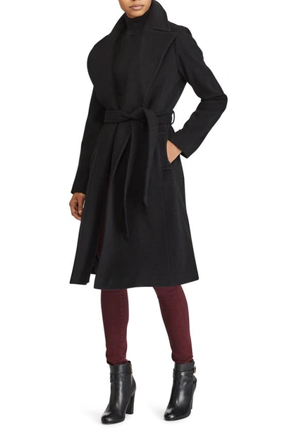 Shop Lauren Ralph Lauren Wool Blend Wrap Coat In Black
