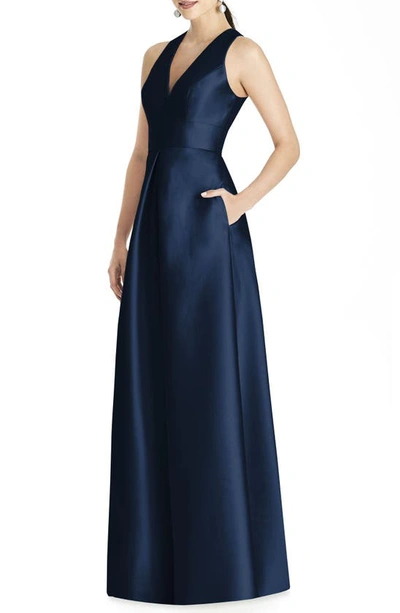Shop Alfred Sung Cutout Back Satin A-line Gown In Midnight