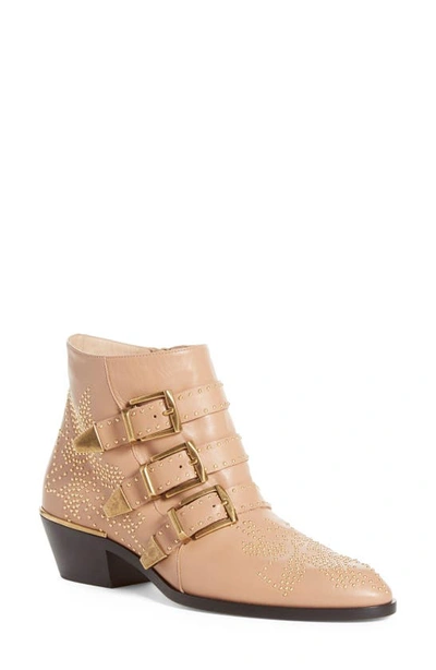 Shop Chloé Susanna Stud Buckle Bootie In Beige Gold Leather