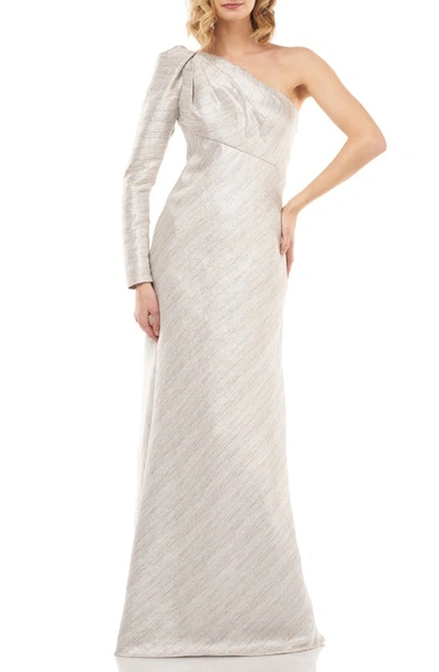 Shop Kay Unger Metallic Stripe One-shoulder Trumpet Gown In Silver Multi