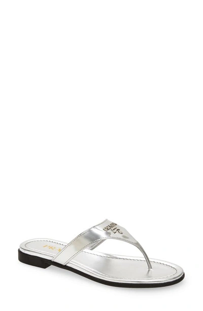 Shop Prada Logo Thong Sandal In Silver