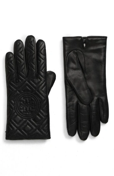Shop Tory Burch Fleming Quilted Lambskin Leather Gloves In Black