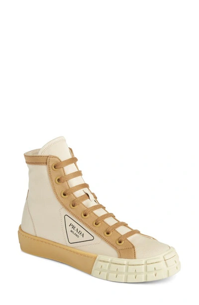 Shop Prada Logo High Top Sneaker In Beige/ Brown