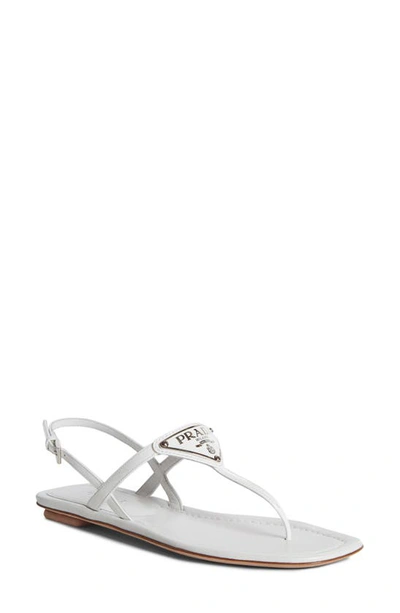 Prada Logo Metallic Leather Ankle-strap Thong Sandals In White | ModeSens
