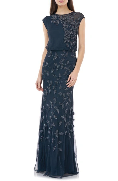 Shop Js Collections Beaded Leaf Chiffon Trumpet Gown In Navy