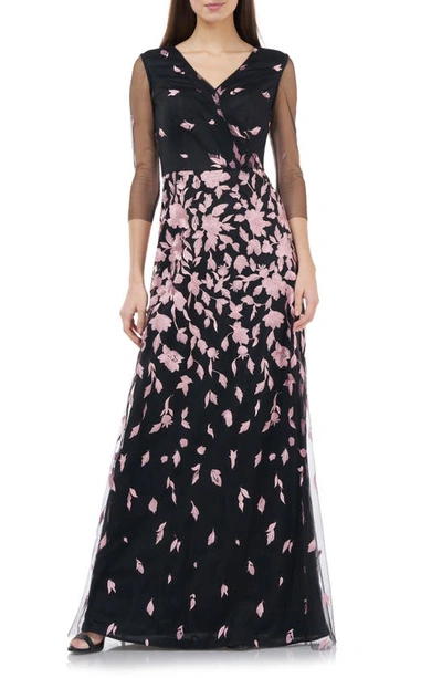 Shop Js Collections Js Collection Floral Embroidered A-line Gown In Blush Black