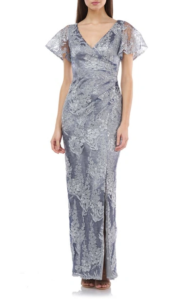 Shop Js Collections Ruched Metallic Lace Gown In Silver Navy
