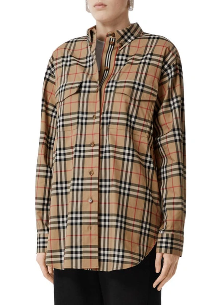 Shop Burberry Turnstone Oversize Vintage Check Stretch Cotton Shirt In Archive Beige Ip Chk
