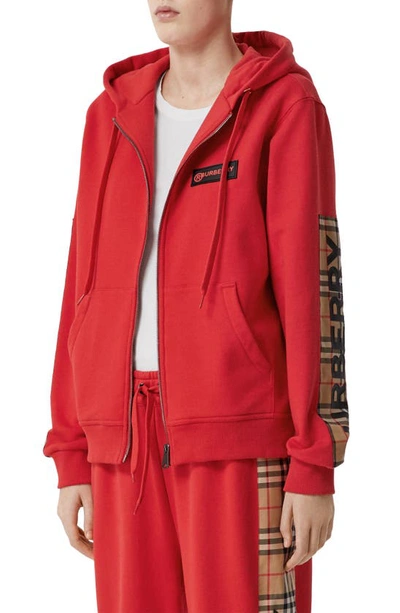 Shop Burberry Aubree Vintage Check Panel Hoodie In Bright Red