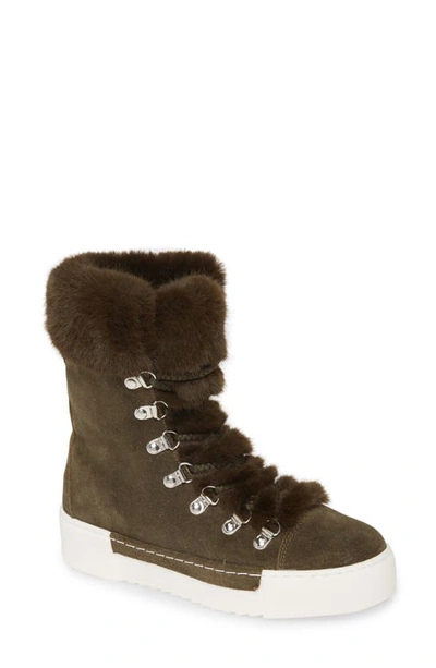 Shop Cecelia New York Faux Fur Boot In Olive Suede