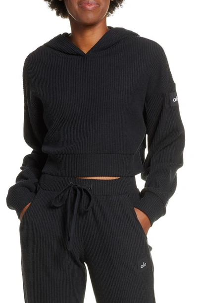 Shop Alo Yoga Muse Rib Crop Hoodie In Black