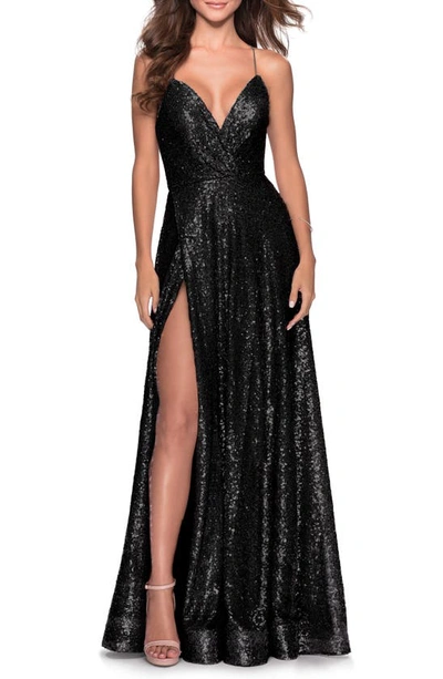 Shop La Femme A-line Sequin Gown In Black