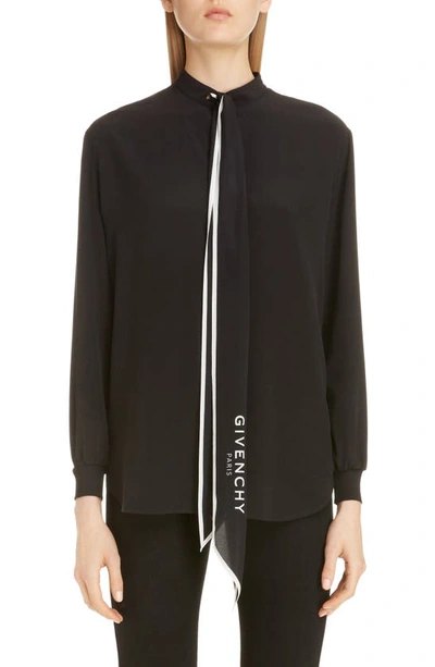 Shop Givenchy Logo Scarf Neck Silk Blouse In Black