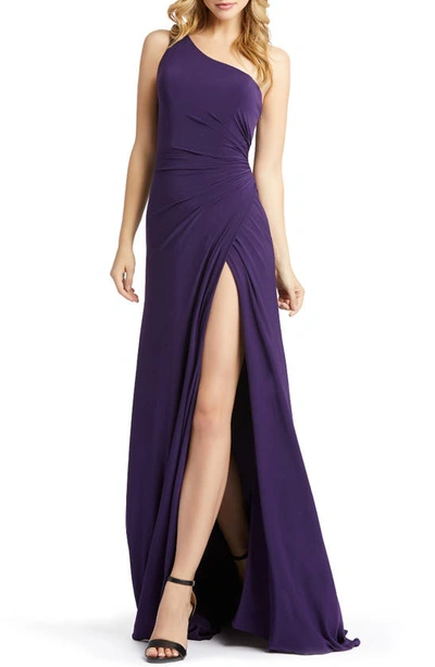 Shop Mac Duggal One-shoulder Jersey A-line Gown In Eggplant